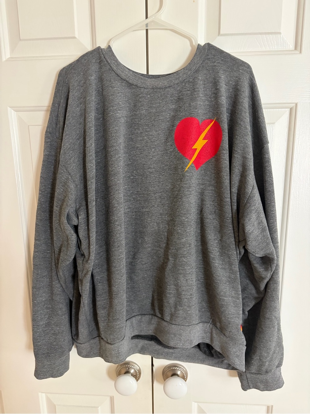 Aviator Nation Gray Crewneck with Red Heart and Yellow Lightning
